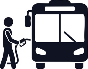 Silhouette of a person fueling a bus with a gas pump, symbolizing transportation and energy