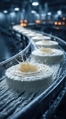 Industrial process showcasing cream being produced on a conveyor belt in a manufacturing facility