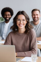 Fototapeta premium Smiling woman with glasses in a cozy office setting, surrounded by colleagues, engaged in teamwork, showcasing collaboration and positive workplace atmosphere