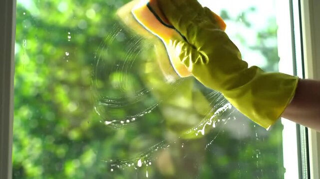 Cleaning Window with Sponge and Gloves Sparkling Clean Glass for a Brighter Home