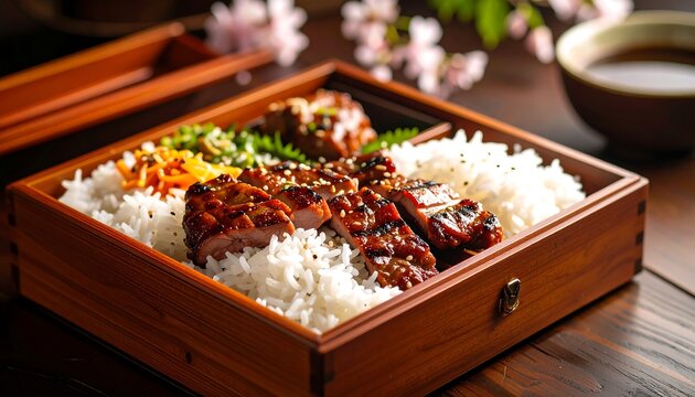 Grilled meat bento box lunch.