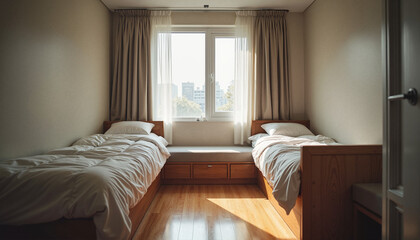 Two empty beds in shared dorm room with sunlight through window  
