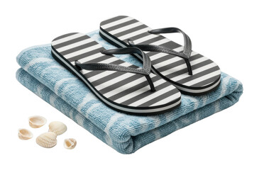 Beach vacation essentials striped flip flops on towel with seashells relaxing coastal environment isolated on transparent background