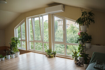 Bright space with indoor plants and air conditioning. Interior with plants.