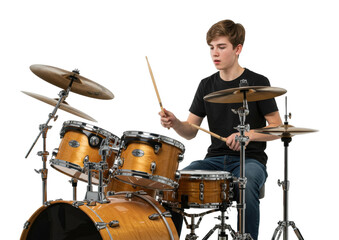 Fototapeta premium Energetic young drummer performing in studio music session indoor passion for rhythm isolated on transparent background