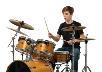 Energetic young drummer performing in studio music session indoor passion for rhythm isolated on transparent background