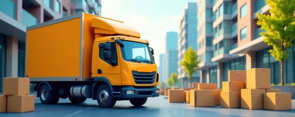 Boxes, furniture, moving truck, cityscape background, labels, moving company