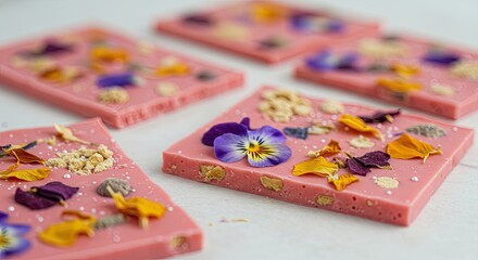 Fototapeta premium Pink Chocolate Bars Decorated with Edible Flowers and Crunchy Toppings.