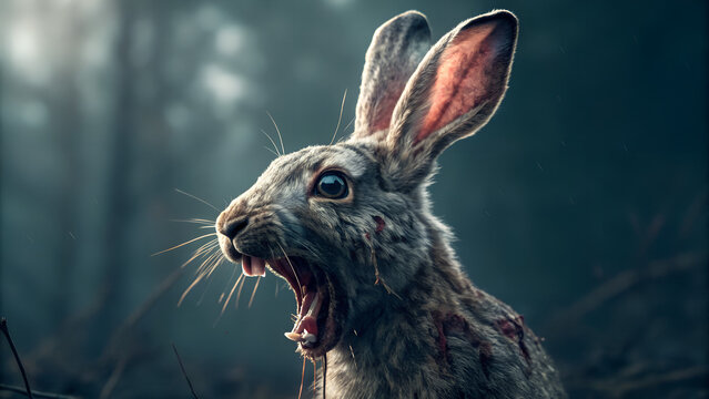Zombie Rabbit Head with Tentacles in Mouth &ndash; Realistic Horror Concept
