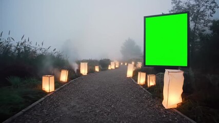Illuminated Path A Chromakey Canvas Amidst Glowing Lanterns in Tranquil Twilight, invites serenity with glowing light and space for your digital insertion