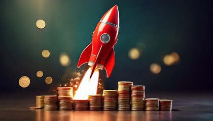 a red rocket launching from stacks of coins symbolizing financial growth and success