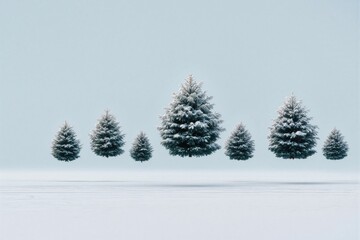 Floating snow-covered pine trees create a surreal winter scene against a pale sky. Minimalist and magical, symbolizing imagination, Christmas, and serenity in a dreamy frozen landscape