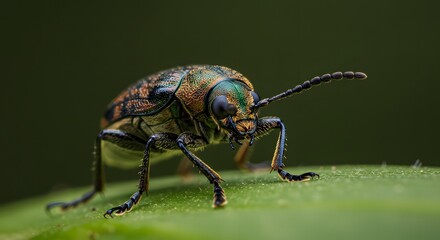 A close up shot of a iridescent beetle perched atop a vibrant green leaf in natural lighting outdoors