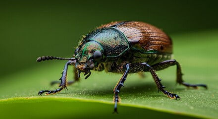 Naklejka premium Close up of a japanese beetle resting on a vibrant green leaf in a natural outdoor environment setting