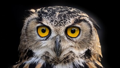 Obraz premium a close up of an owl with yellow eyes on a black background