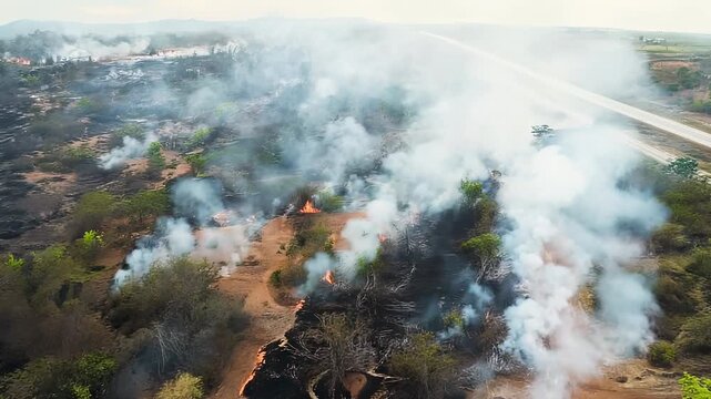 Aerial view of a wildfire being suppressed with water, showing smoke and scorched earth near a highway