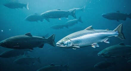 Chinook Salmon Swimming Underwater with School of Fish in Blue Water