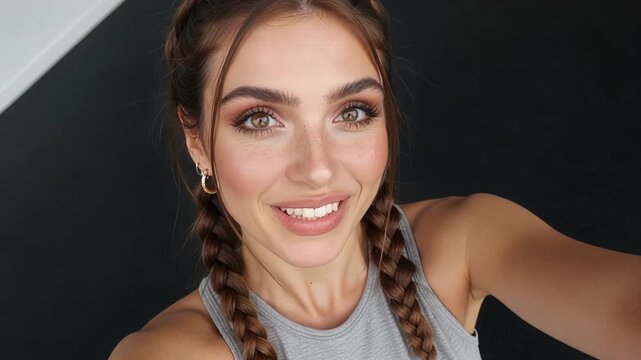 Beautiful young woman making playful pouty face expression before smiling and winking flirtatiously at camera in selfie style portrait