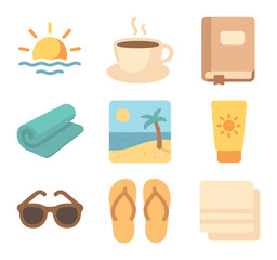 Beach Morning Icons. Flat icon set of beach morning routine: sunrise, coffee cup, journal, yoga mat, beach