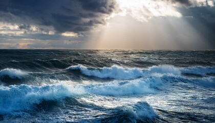 stormy seascape with stormy sea waves and sun rays