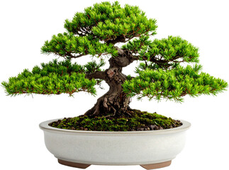 Isolated Juniper Bonsai in Ceramic Pot on White Background