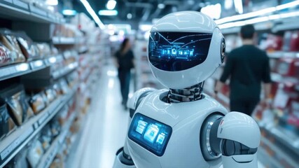 Futuristic robot shopping in sleek supermarket aisle on cyber monday, exploring technological retail advancements - Powered by Adobe
