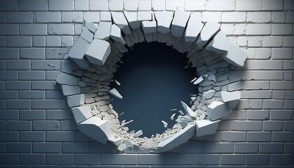 broken white brick wall with hole in it concept of destruction