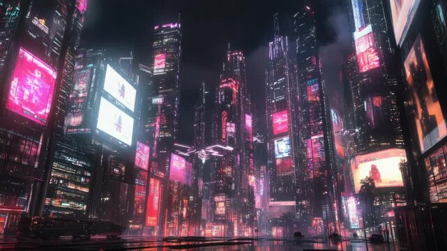 Futuristic neon cityscape with vibrant billboards at night during cyber monday sales event concept