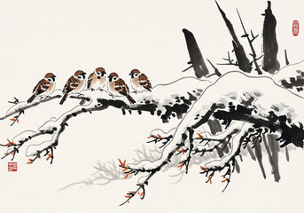 눈 덮인 가지 위의 참새 떼