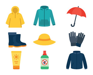 Travel Weather Gear Icons. Flat icon set of weather gear for travel: rain poncho, windbreaker, umbrella,