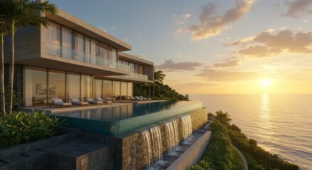 Luxury Cliffside Villa with Infinity Pool and Ocean View at Golden Sunset