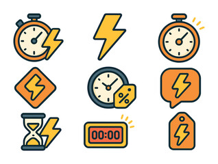 Summer Flash Sale Icons. Flat icon set of summer flash sales: stopwatch, lightning bolt, timer icon, rush hour