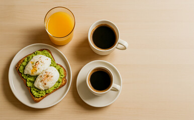 Healthy Breakfast with Avocado Toast, Poached Eggs, Coffee and Orange Juice