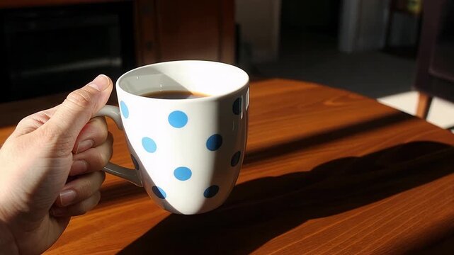 Person slowly lifts polka-dotted coffee mug from sunlit wooden table for morning coffee ritual in intimate kitchen setting