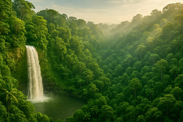 Majestic Waterfall Cascading into Tropical Jungle Valley at Sunset
