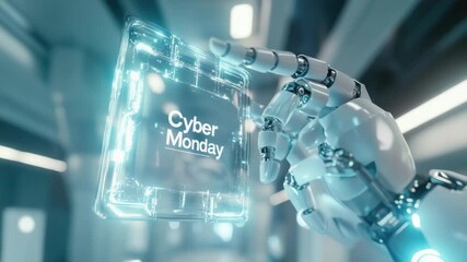 Futuristic robotic hand holding cyber monday digital display in modern tech space concept of cyber monday