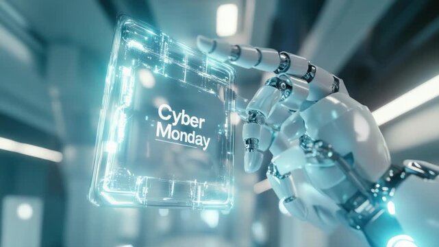 Futuristic robotic hand holding cyber monday digital display in modern tech space concept of cyber monday