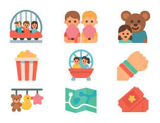 Theme Park Icons. Flat icon set of theme park visits: roller coaster family, kids with cotton candy, mascot