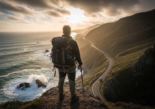 Man backpacking hiking adventure travel nature ocean view cliffside road trip scenic landscape explore outdoor