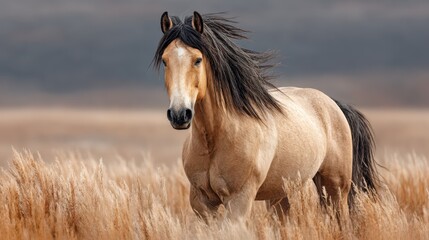 Fototapeta premium Majestic horse walking through golden grassland under overcast sky in the late afternoon