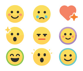 Fototapeta premium Emotional Icons Grid. Flat icon set of emotional symbols with bright minimalist tones: happy face with pink