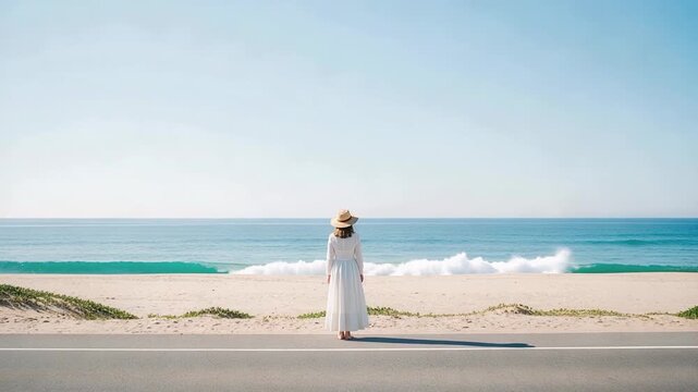 Graceful woman in white dress stands serenely with hair and fabric gently swaying in breeze during intimate portrait moment