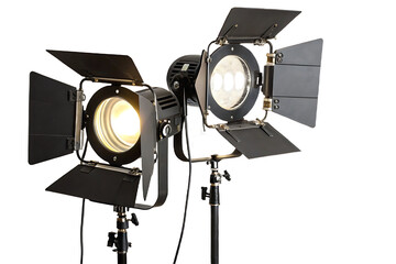 Studio lighting on white background. Studio lighting on tripod. Professional photographic equipment.