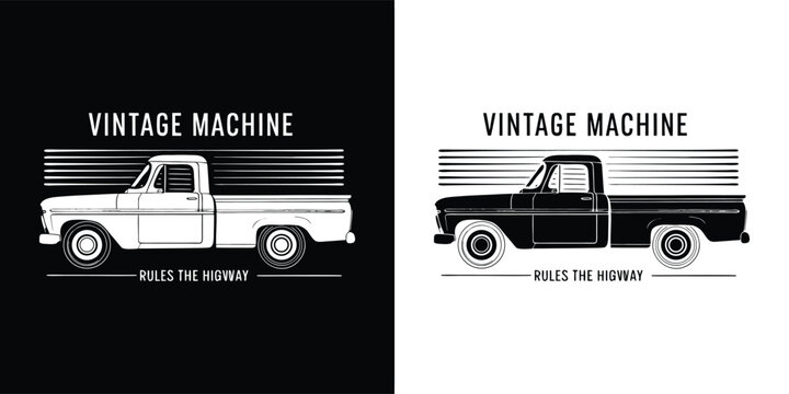 Stylized illustration of a vintage pickup truck with the text vintage machine and motion lines, presented in both black and white versions