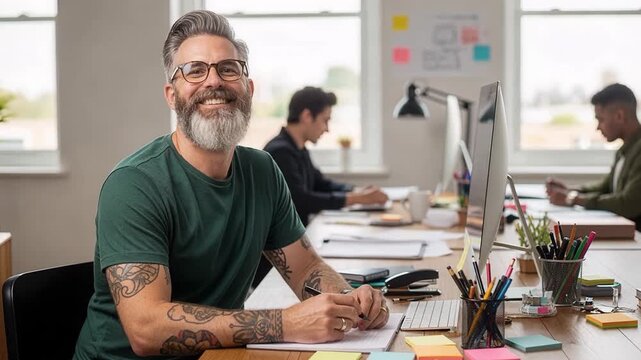 Confident project manager looking up with warm professional smile showing leadership success in modern office workplace environment