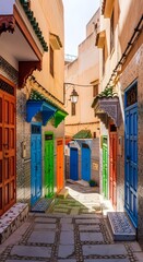 Fototapeta premium Old Moroccan medina with colorful doors and intricate tiles