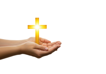 Faith in action golden cross held in hands spiritual symbolism bright environment inspirational concept isolated on transparent background