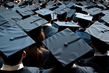 Crowd of Graduates Wearing Caps Viewed from Behind