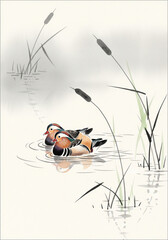 연못 위의 원앙 한 쌍