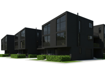Modern black architecture buildings urban development 3d render contemporary style front concept isolated on transparent background
